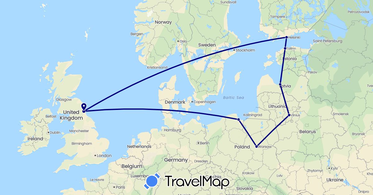 TravelMap itinerary: driving in Estonia, Finland, United Kingdom, Lithuania, Latvia, Poland (Europe)
